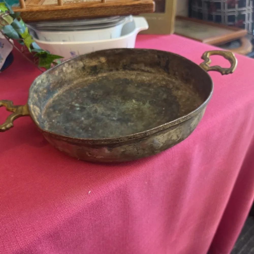 Antique Primitive Copper Pan Crude Forged 2 Brass Handled 9
